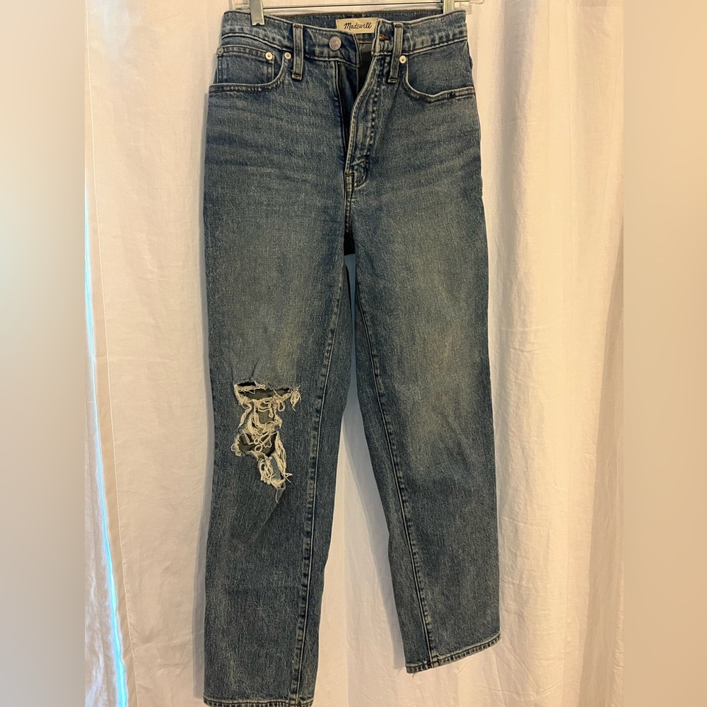 Madewell Distressed The Perfect Vintage Straight Leg Light Blue Jean
